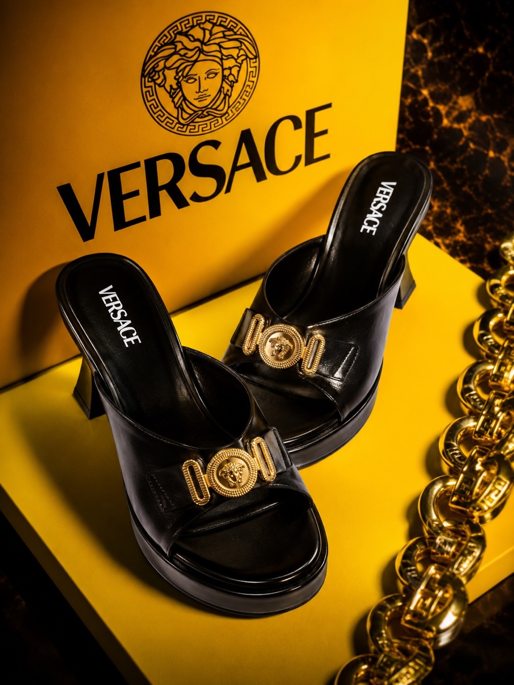 Versace Black Leather Platform Mules with Gold Medusa Hardware like new